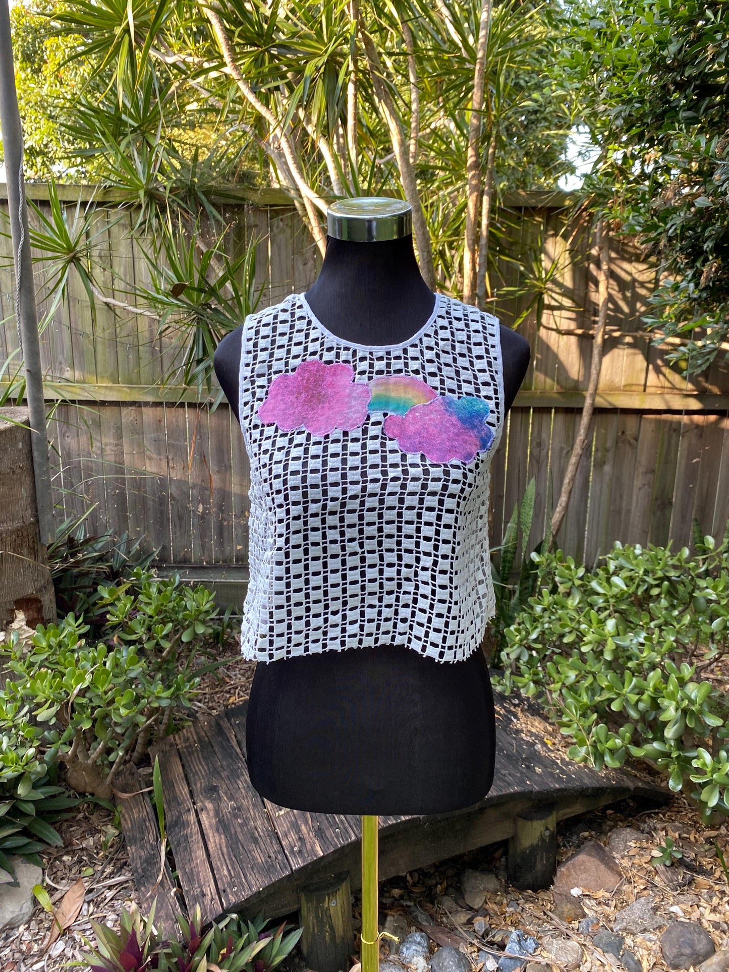 Reworked white mesh appliqued top, size Small