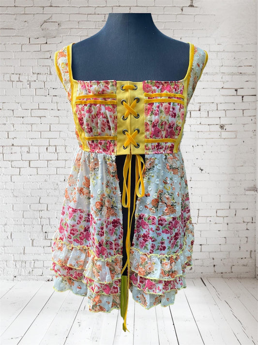 Yellow floral bodice with chiffon skirt, size Medium/Large