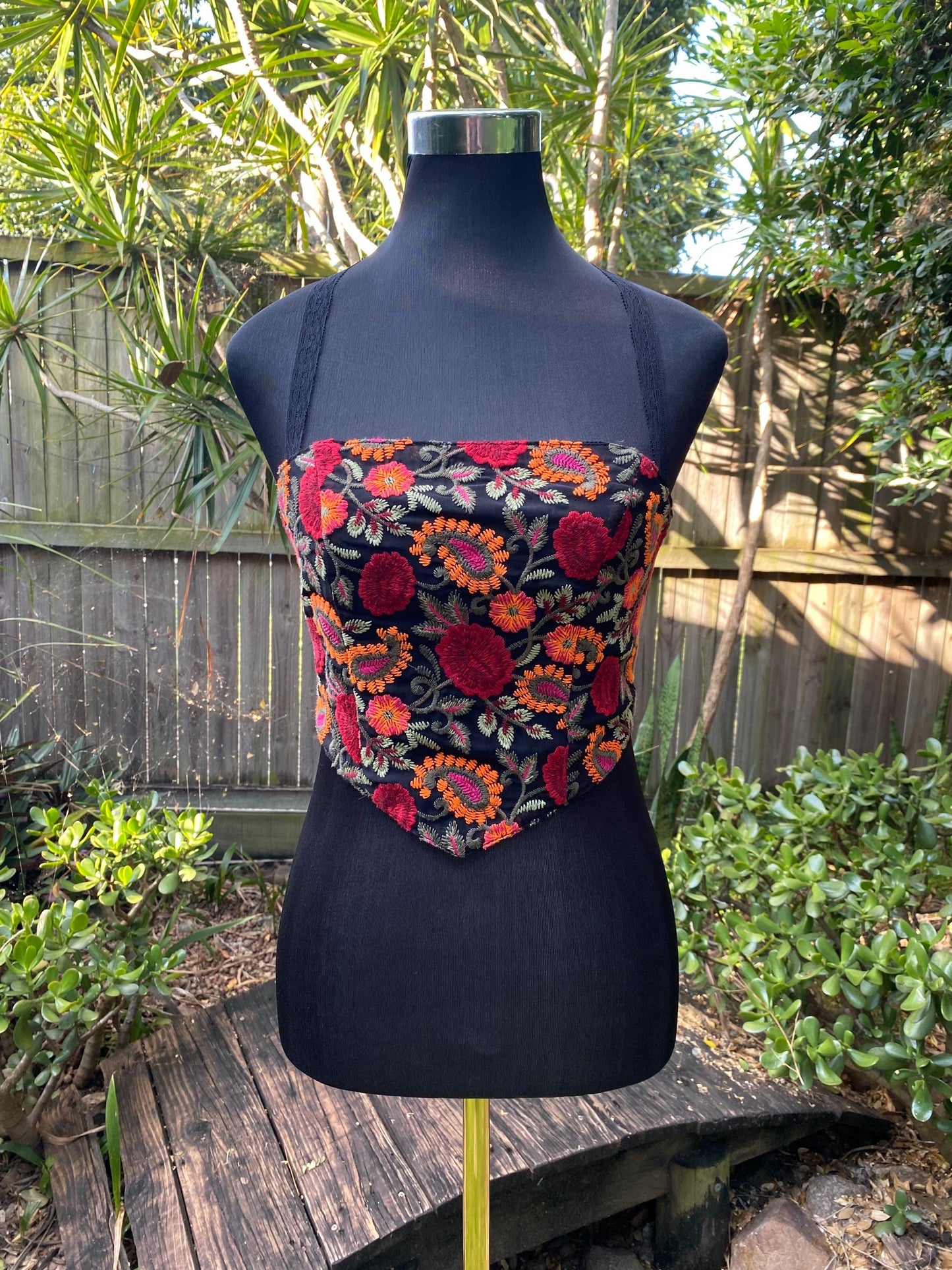 Reworked embroidered black festival top, size Small