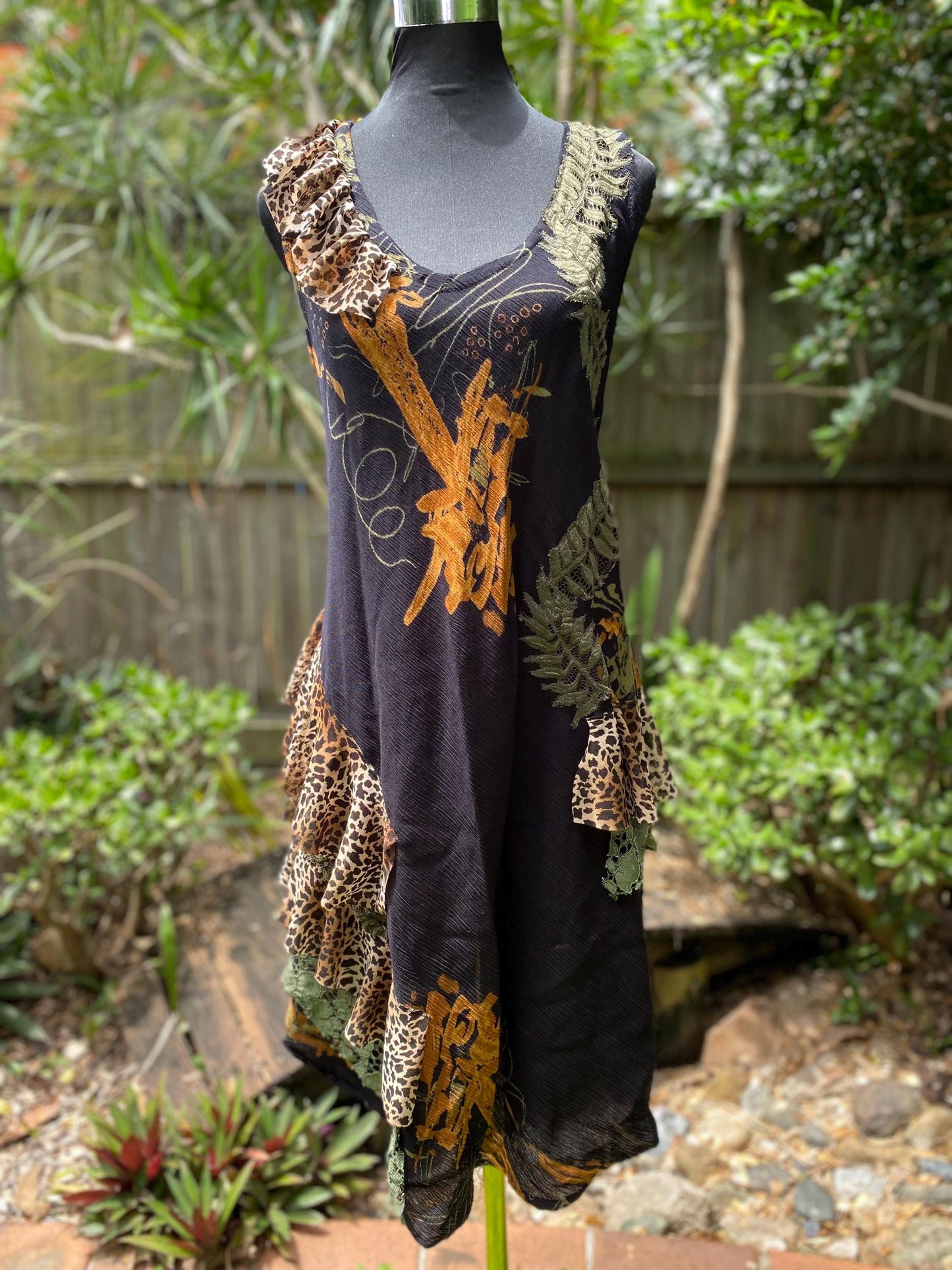 Reworked Black Green and Orange Leopard Dress - size Medium/Large