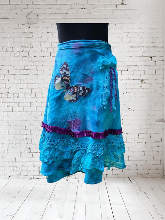 Reworked Blue and Purple tie dyed wrap skirt - size Small/Medium