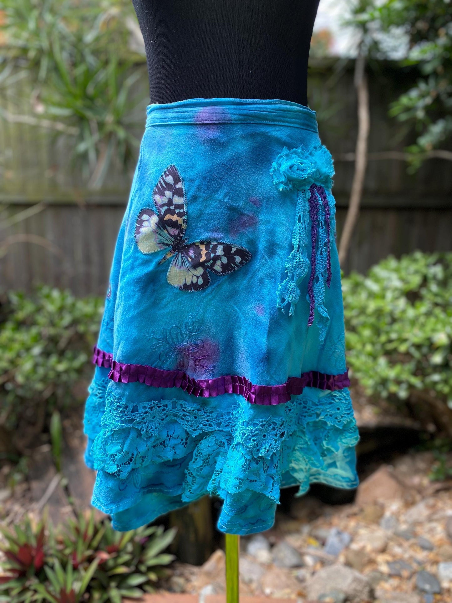 Reworked Blue and Purple tie dyed wrap skirt - size Small/Medium