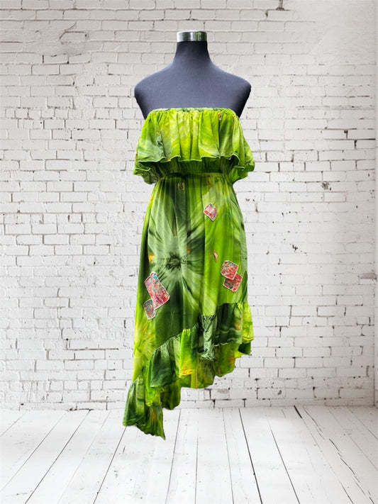 Reworked Green Tie Dye Strapless Dress - size Medium