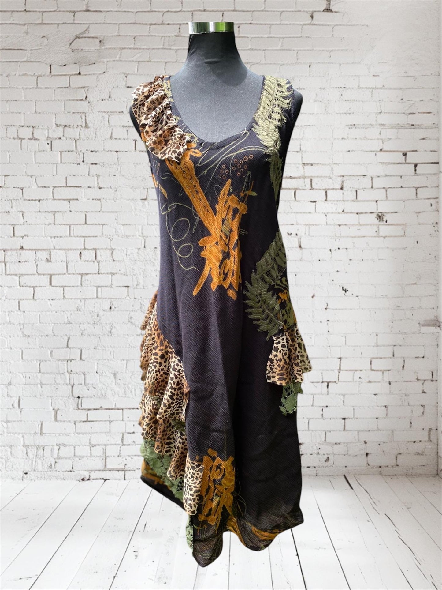 Reworked Black Green and Orange Leopard Dress - size Medium/Large