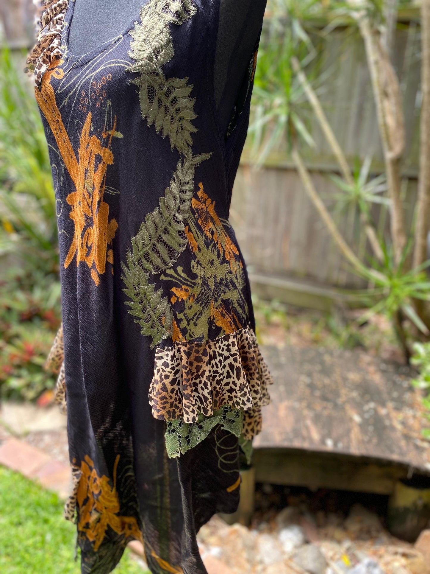 Reworked Black Green and Orange Leopard Dress - size Medium/Large